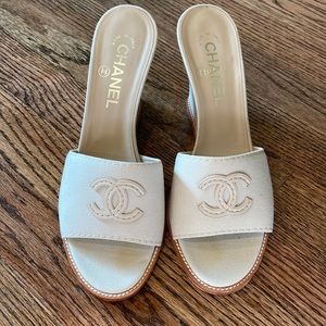 Chanel CC Cream Canvas Wedge Slide Mule